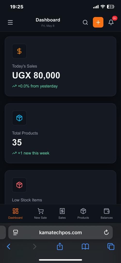 KAMATECH POS mobile dashboard on iPhone showing sales stats