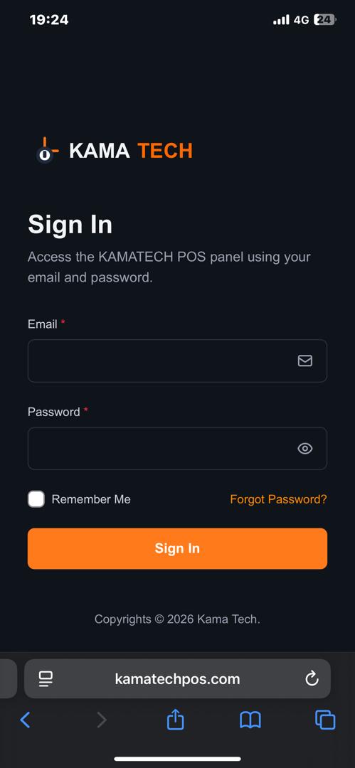 KAMATECH POS login screen on iPhone