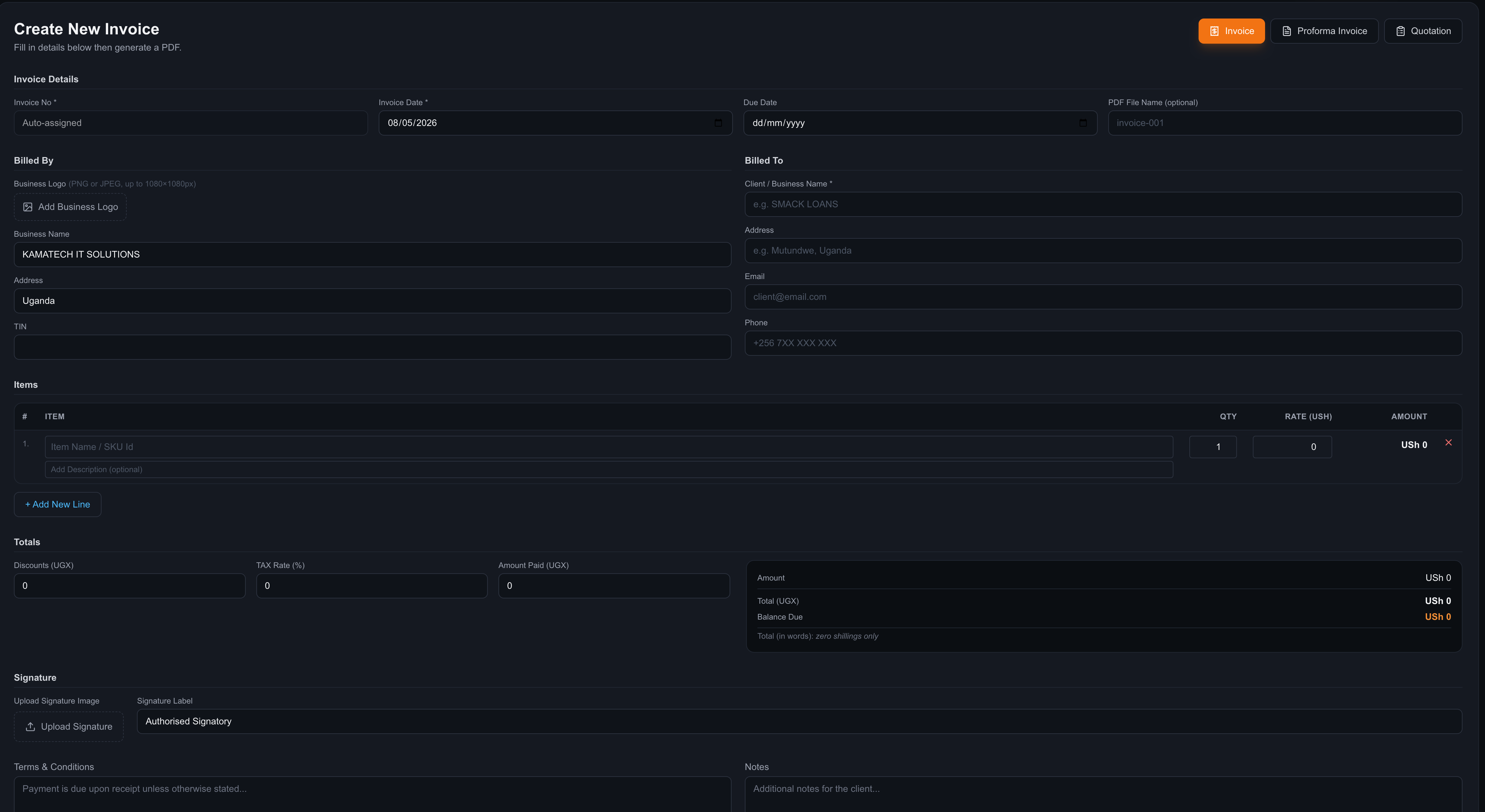 KAMATECH POS documents management screen