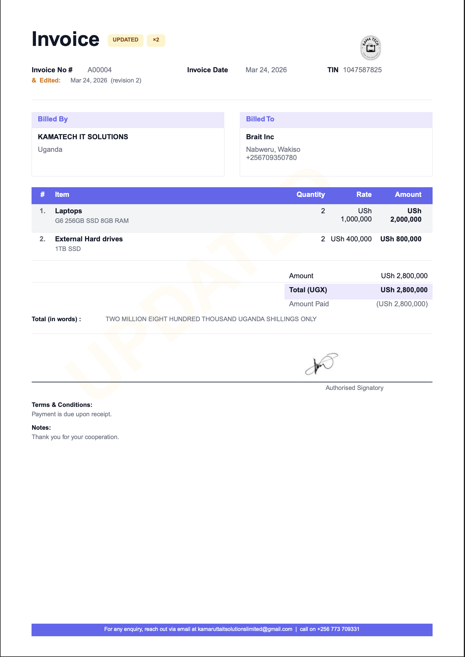 KAMATECH POS generated invoice PDF example