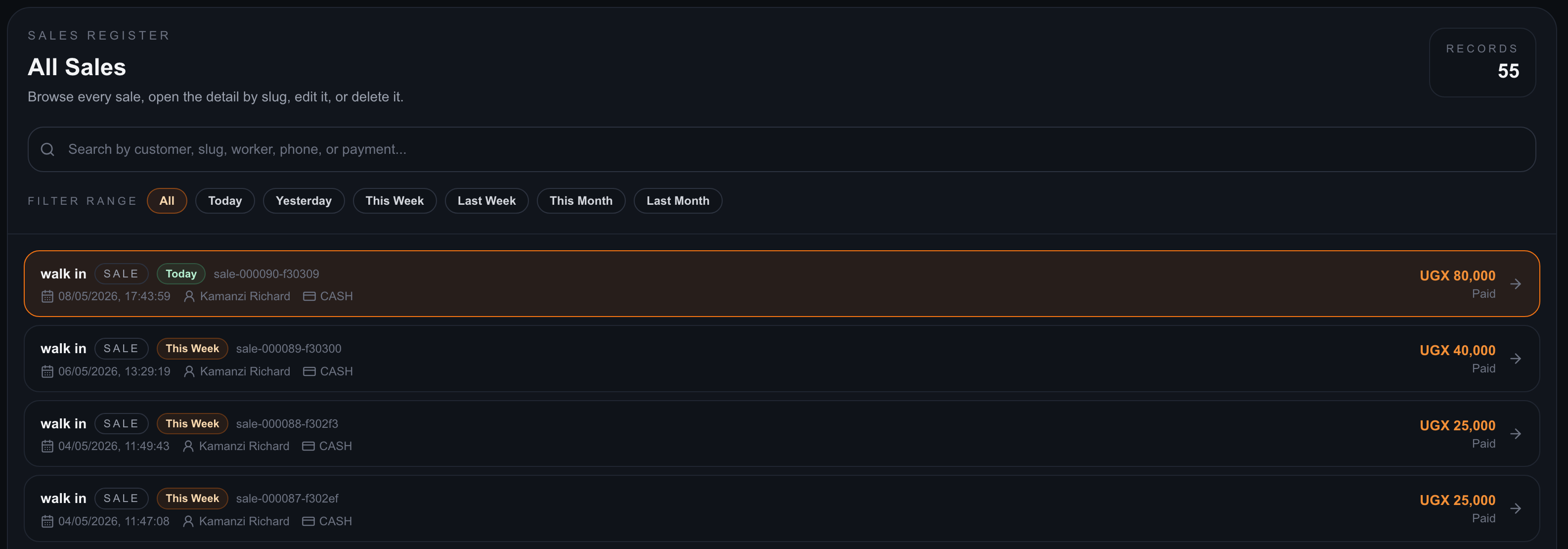 KAMATECH POS point of sale interface showing sales list